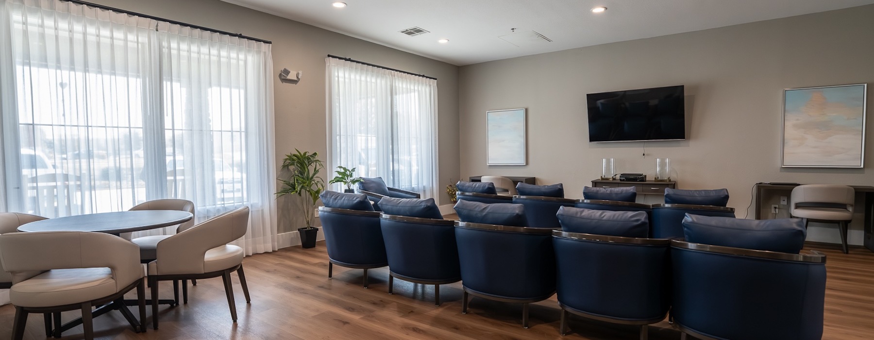 a room with a tv, table, and theater chairs